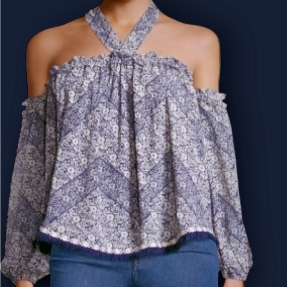 Misa Los Angeles Tops - Misa Los Angeles Blue Floral Print ‘Livey’ Off The Shoulder Tie-Neck Top Size XS